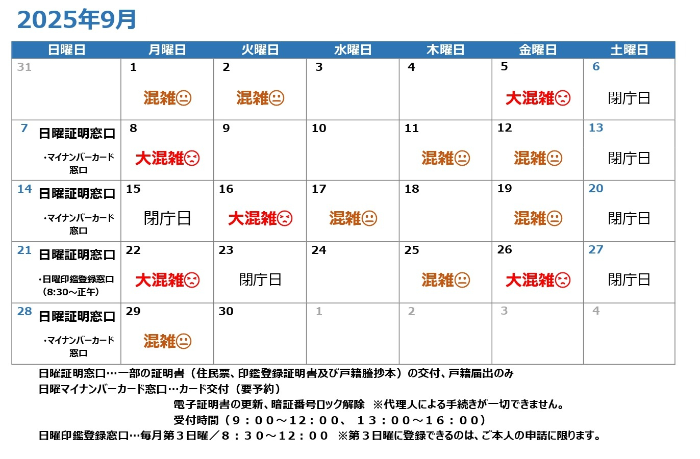 令和7年9月混雑予想カレンダー