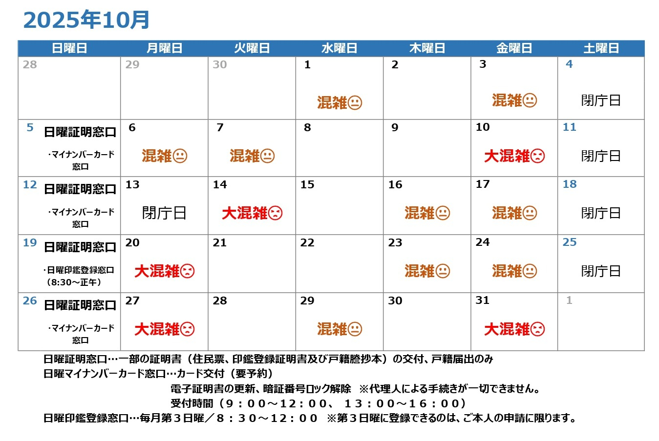 令和7年10月混雑予想カレンダー
